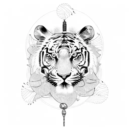 A shamanic tiger emerging from a forest with musical instruments hanging from its stripes tattoo design idea