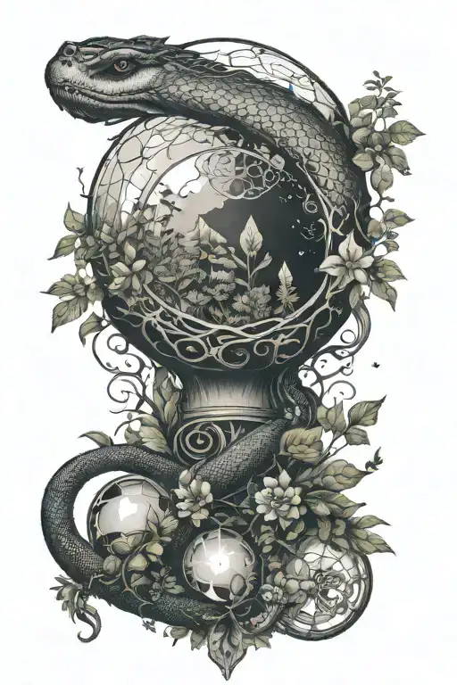 A serpent coiling around a crystal ball surrounded by lush vegetation and mysterious symbols tattoo design idea