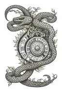 A snake coiled around a roulette wheel like trees colors sunset tattoo design idea