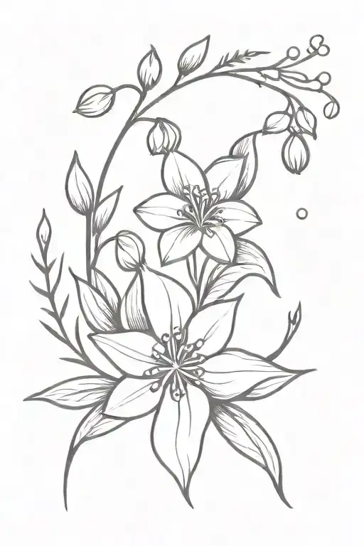 violet flower, snow drop flower, lily of the valley flower, holly berry flower tattoo design idea