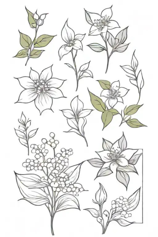 violet flower, snow drop flower, lily of the valley, holly berry tattoo design idea