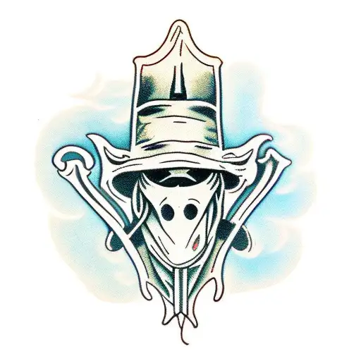 A haunted mansion with a plague doctor silhouette in front tattoo design idea