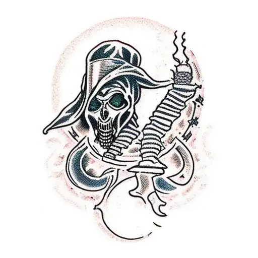 A haunted mansion with a plague doctor silhouette in front tattoo design idea