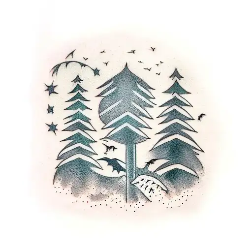 bats and crows flying through a darkand gloomy pine tree forest tattoo design idea