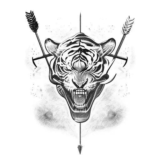 sabre tooth tiger skull with arrow going through it tattoo design idea