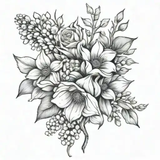 bouquet of flowers with April, may, march, and September birth flowers  tattoo design idea