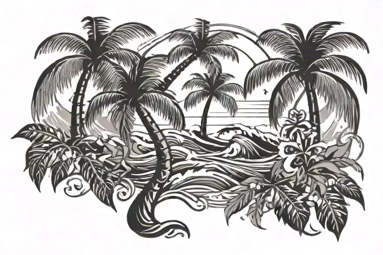 A stylized palm tree with surfing waves as leaves, symbolizing the client's passion for both surfing and tropical landscapes tattoo design idea