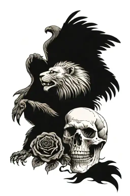 lion over eagle and skull with rose in its mouth tattoo design idea
