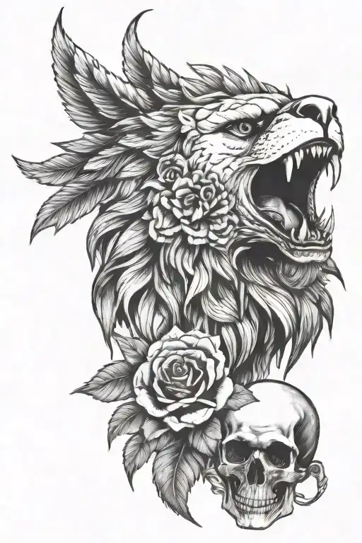lion eagle and skull with rose in its mouth tattoo design idea