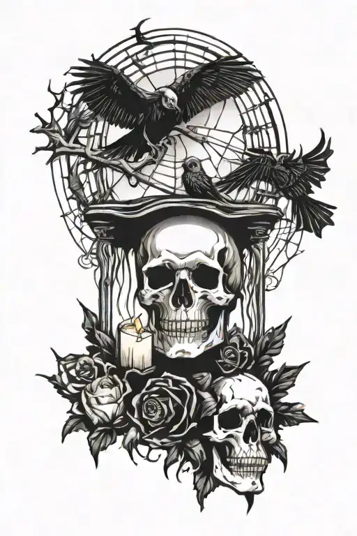 Raven, spider web, candles, skeleton, bats flying tattoo design idea