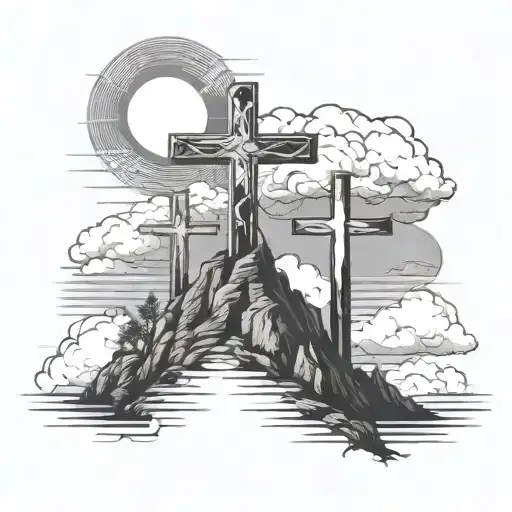 3 crosses on mountain with sun clouds and angels behind it  tattoo design idea