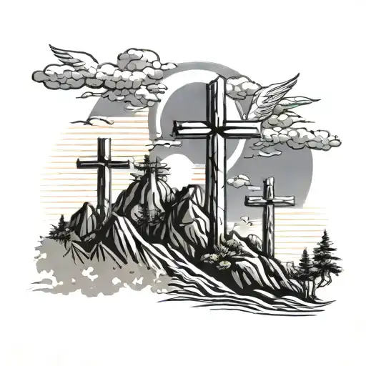 3 crosses on mountain with sun clouds and angels behind it  tattoo design idea