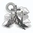 3 crosses on mountain with sun clouds and angels behind it  tattoo design idea
