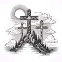 3 crosses on mountain with sun clouds and angels behind it  tattoo design idea