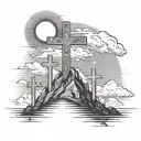 3 crosses on mountain with sun clouds and angels behind it  tattoo design idea