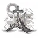 3 crosses on mountain with sun clouds and angels behind it  tattoo design idea