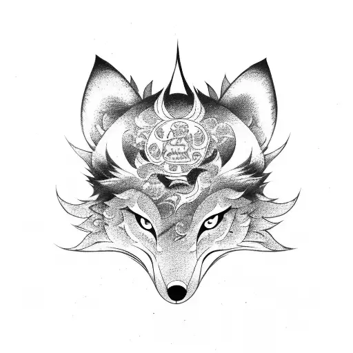Kitsune surrounded by Kanji characters tattoo design idea