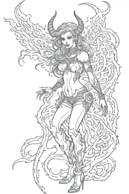 draw a beautiful full-length evil demon woman in fire tattoo design idea