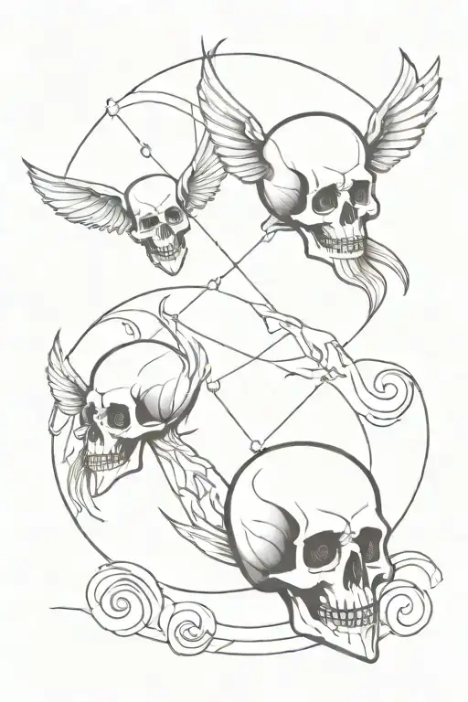 Make a sketch for a tattoo with 3 skulls and wings like kites. in a single composition. Contour lines, no shadows tattoo design idea