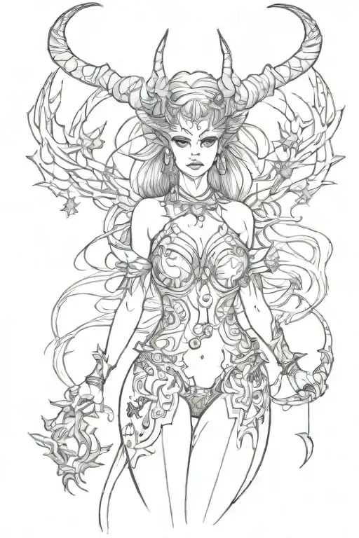 draw a beautiful full-length demon woman with round horns. add small elements, like fire stars and so on tattoo design idea