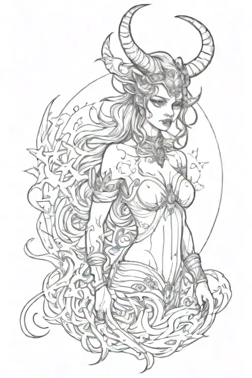draw a beautiful full-length evil demon woman with round horns. add small elements, like fire stars. tattoo design idea