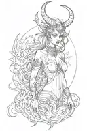 draw a beautiful full-length evil demon woman with round horns. add small elements, like fire stars. tattoo design idea