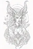 draw a beautiful full-length evil demon woman with round horns. add small elements, like fire stars. tattoo design idea