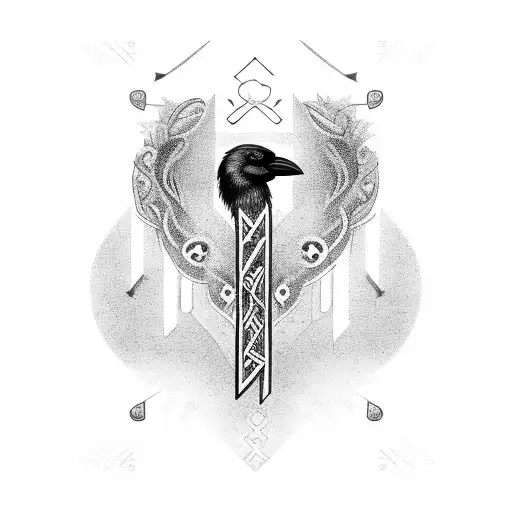 crow with viking runes tattoo design idea