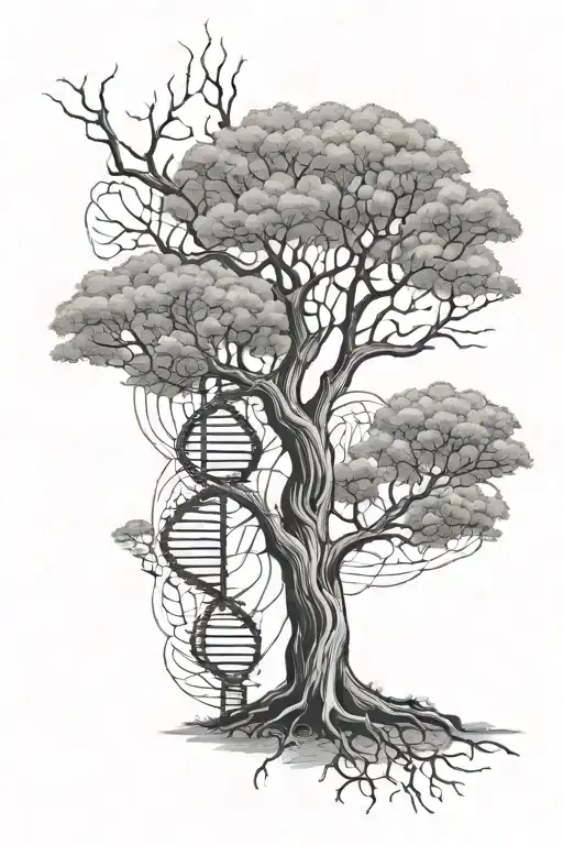 A tree with dna strands wrapping around the trunk of the tree tattoo design idea