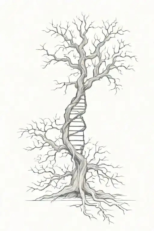 A tree with dna strands wrapping around the trunk of the tree tattoo design idea