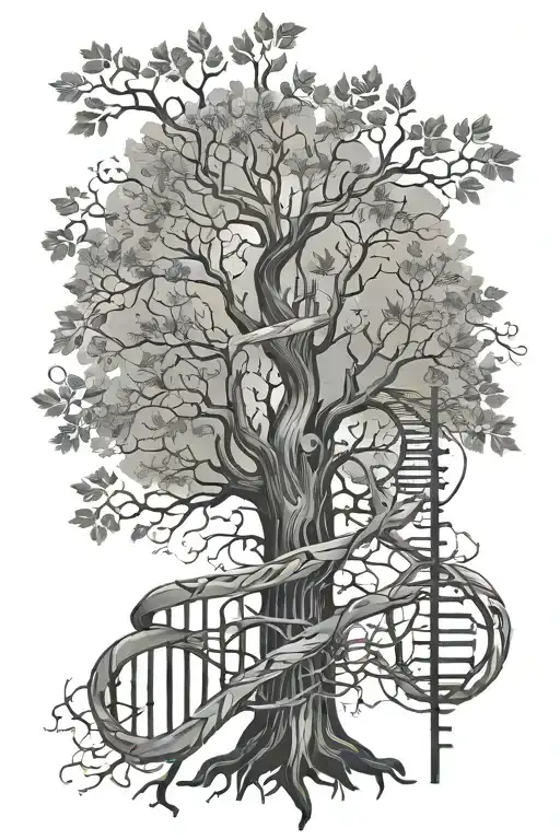 A tree with dna strands wrapping around the tree like vines tattoo design idea