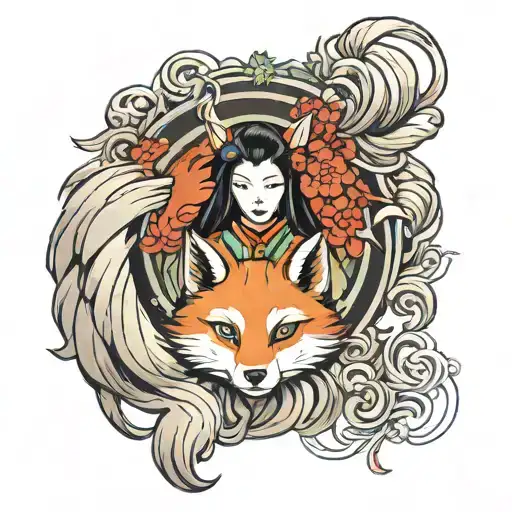 round kitsune ninetail and face girl in center symbolizing tattoo design idea