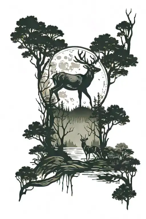 deer in the forest with moon and lake  tattoo design idea