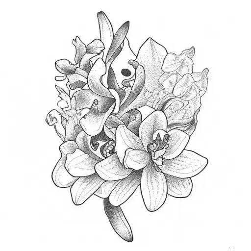 yellow cedar, flor de maya, and cattleya orchid bouquet  tattoo design idea