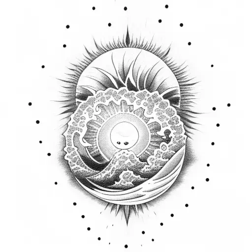 a wave and a sun inside a heart tattoo design idea