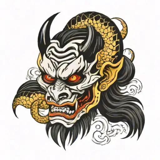 a black and white mask of the Japanese demon oni, which is wrapped around a snake and it looks out from under the mask tattoo design idea