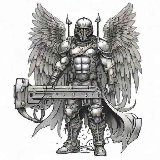 A powerful warrior with wings made of guns and grenades, standing against a backdrop of military equipment tattoo design idea