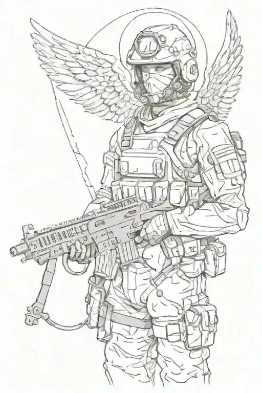 An angelic figure in military uniform, holding a grenade with a halo of bullets around their head tattoo design idea