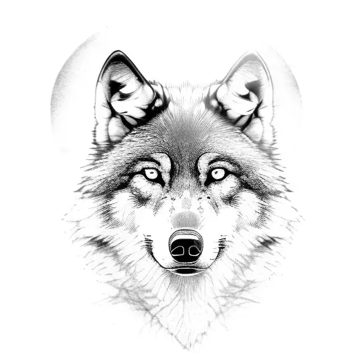 A black-grey portrait of a majestic wolf with a locomotive in the background tattoo design idea