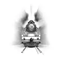 A locomotive bursting through a brick wall tattoo design idea