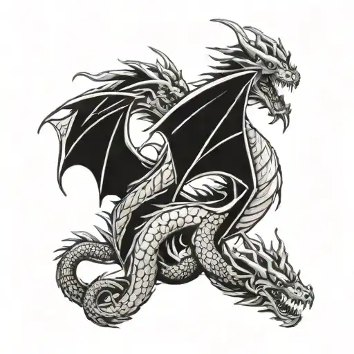  2D view dragon with 3 heads around the arm tattoo design idea