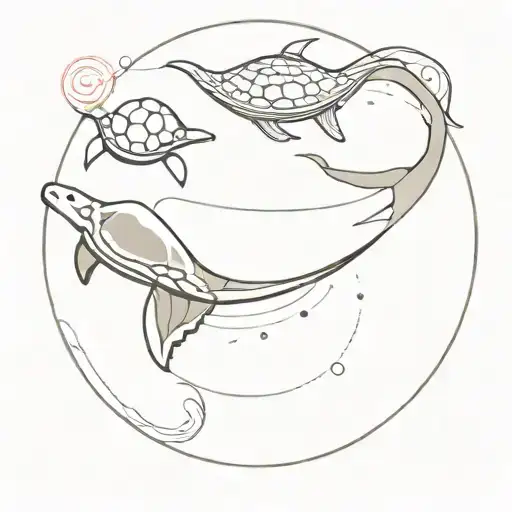create a minimalist tattoo with a manta ray and a turtle swimming around in circles tattoo design idea