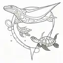 create a minimalist tattoo with a manta ray and a turtle swimming around in circles tattoo design idea
