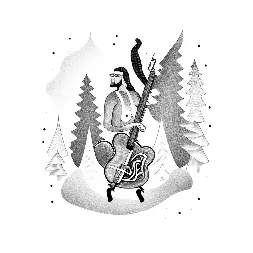 A blackwork illustration of a mystical creature playing a bass guitar in a forest setting tattoo design idea