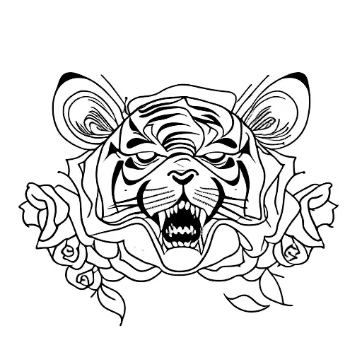 Tiger with roses and buliding tattoo design idea