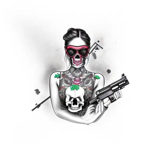 gangster girl ,skulls, gun tattoo design idea