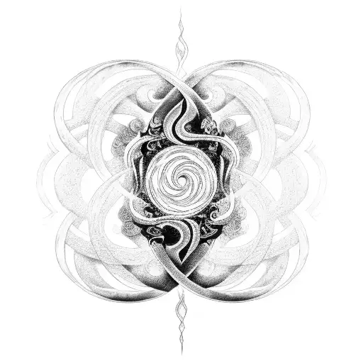 A blackwork tattoo of a swirling chaos symbol intertwined with the silhouette of Lilith tattoo design idea