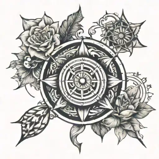 A sketch style tattoo of the four paths of yoga (karma, artha, dharma, moksha) intertwined with a compass tattoo design idea
