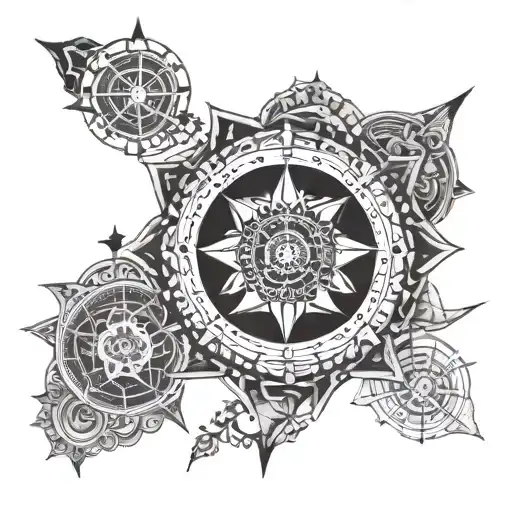 A mandala design incorporating the symbols of karma, artha, dharma, and moksha, with a compass at the center tattoo design idea