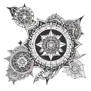 A mandala design incorporating the symbols of karma, artha, dharma, and moksha, with a compass at the center tattoo design idea